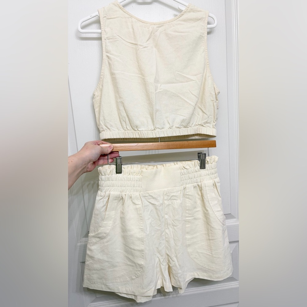 Linen Blend Beige 2 Piece Matching Set Crop Tank Elastic Waist Shorts Pockets